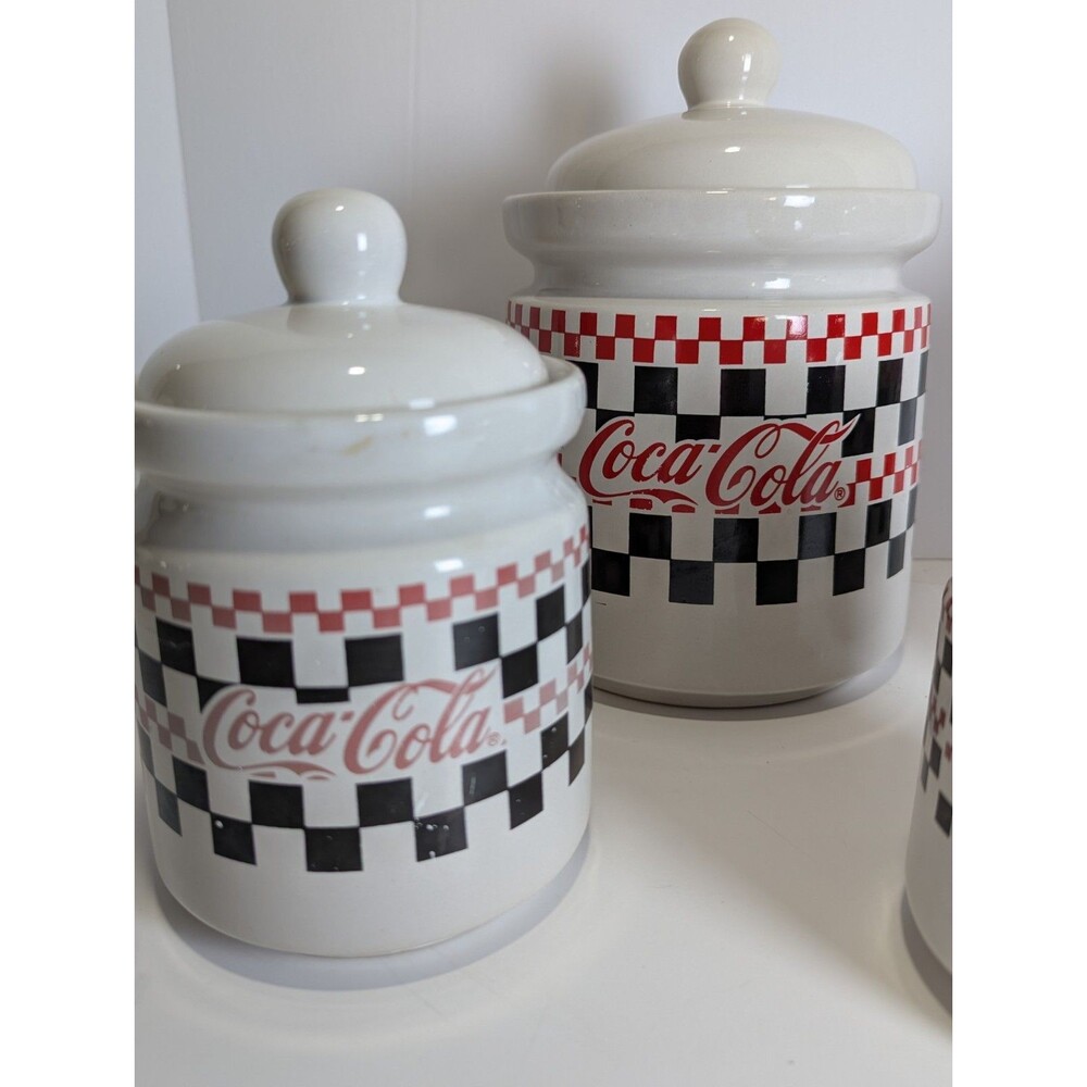 Coca-Cola 4 Piece Canister Set 1997 Checkered Board Dinnerware by Gibson - Picture 3 of 14